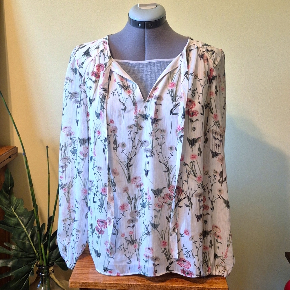 Rose + Olive Floral Long Sleeve Blouse | Cream Sheer Lined Top | Size Small - Picture 5 of 17